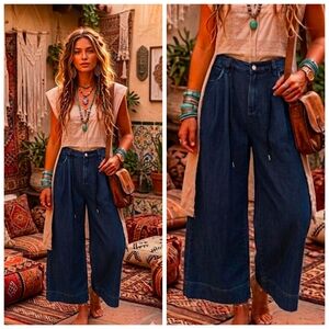 Boutique Dark Blue Rope Belt Pants Soft tencel & Cotton